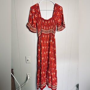Naggoo Women's Square Neck Bohemian Long Dress Summer Floral Print Ruffle Red